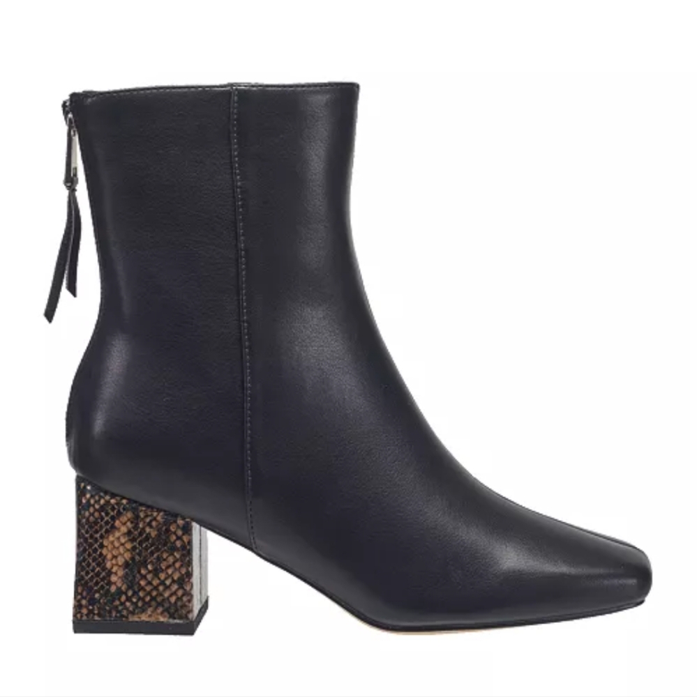 French Connection Tess Black Ankle Boots with Snakeskin textured block Heel